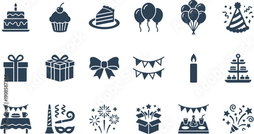 Comprehensive collection of birthday and celebration party event vector icons, graphic design elements