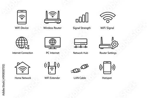 WiFi and internet connection icon set featuring smartphone, wireless router, signal strength, network hub, LAN cable, hotspot and home network symbols. Black outline icons isolated on white background