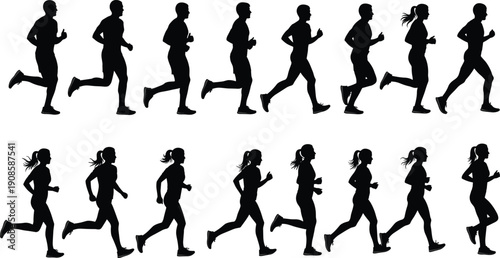 Running people silhouette set, male and female jogging poses, fitness training, isolated white background vector
