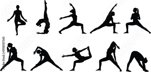Silhouette set of women practicing yoga poses for fitness meditation and flexibility isolated on white background