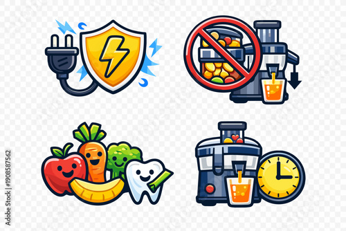 Colorful eco and healthy lifestyle icon set including electric plug with shield, no food waste symbol, smiling fruits and vegetables, juicer machine and fresh juice concept. 