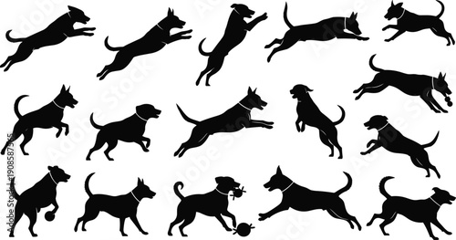 Dog silhouettes set, jumping running poses, playful canine collection, pet activity illustration, animal movement black icons bundle