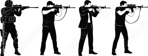 Armed men silhouette set, tactical aiming poses, military and security concept, isolated white background vector