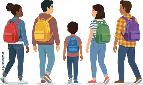 Diverse group of students and a young child with colorful backpacks walking together, back to school education concept