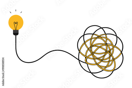A lightbulb connected to a tangled mess of wires representing a complex idea