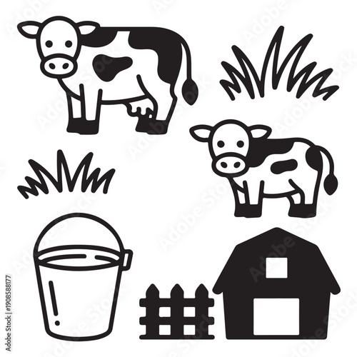 Farm life icons set with cows barn fence and water bucket flat vector illustration collection for agriculture design rural dairy farming symbols isolated on transparent background graphic