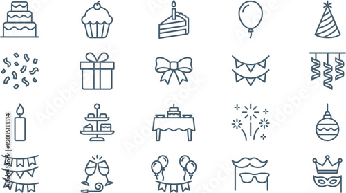 Modern Line Art Icons Collection for Festive Celebrations, Birthday Parties, and Special Event Designs