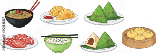 Traditional Asian street food assortment, dumplings, zongzi, noodles, buns, illustrated vector set, isolated white backgroundTraditional Asian street food assortment, 