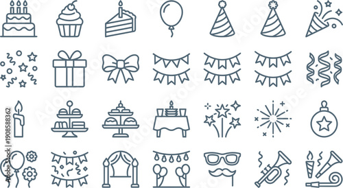 Comprehensive Set of Festive Celebration Vector Line Icons for Birthday Parties and Events