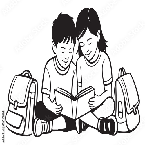 Two school children sitting on floor reading book together with backpacks nearby vector illustration ideal for education posters literacy campaigns library graphics and back to school art