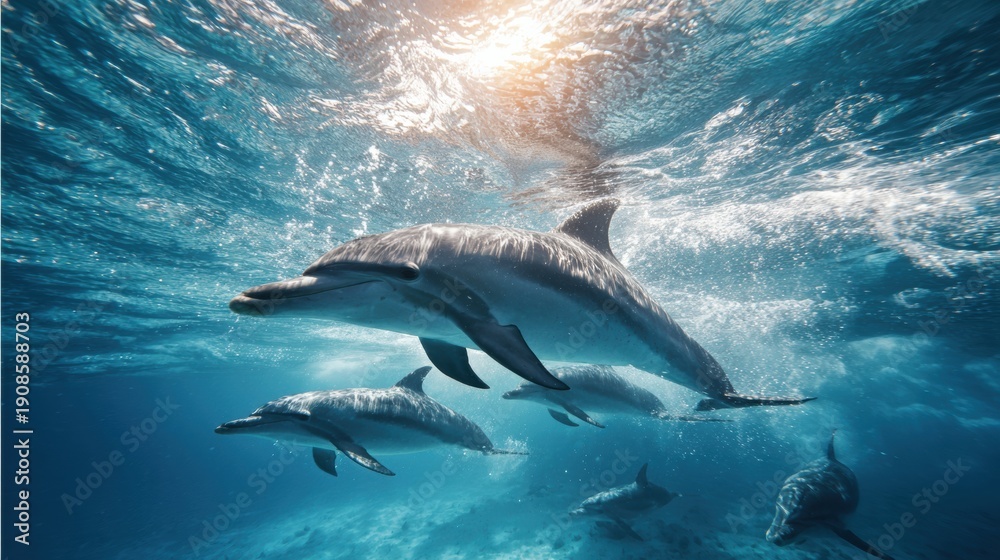 Fototapeta premium Dolphin Swims Ahead of Group Under Water Showcasing Leadership and Initiative in Natural Habitat