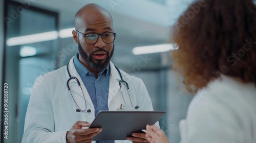 Doctor talks to patient and reviews medical information in a hospital setting during daytime