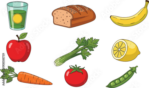 Healthy food illustration featuring fruits vegetables bread juice and natural organic grocery items set