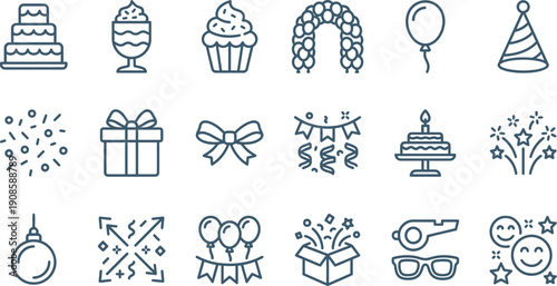 Delightful Celebration Party and Birthday Event Line Icons Set, Festive Occasion Vector Symbols Collection for Joyful Designs