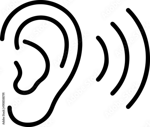 Human Ear Icon with Sound Waves Line Art - A minimalist line art icon of a human ear with radiating sound waves. This graphic symbol represents hearing, listening, audio perception, accessibility for 
