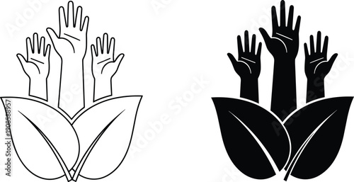 Hands growing from leaves, environmental protection concept, human nature connection, sustainability eco symbol illustration, black and white vector