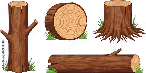 Wood log and tree stump collection, natural forest elements isolated on white vector illustration