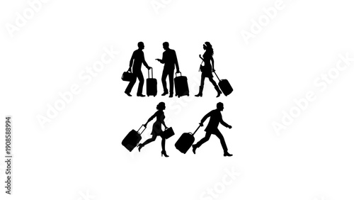 Business Travelers With Suitcases Silhouette Vector Set