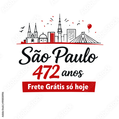 City anniversary celebration poster template with skyline illustration and promotional banner. Modern travel design in red and black style for urban events and marketing.