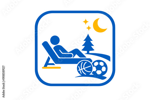 Outdoor leisure illustration with person relaxing on chair in park, soccer and basketball under moonlight. Flat recreation logo design in blue and yellow style.