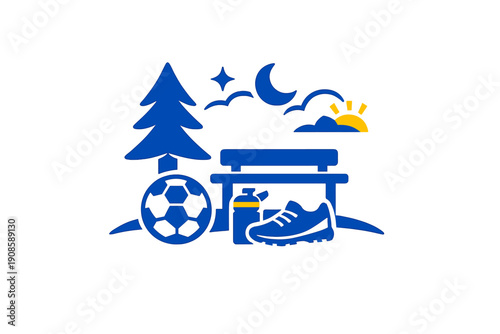 Outdoor recreation illustration with bench, tree, soccer ball, sneaker and water bottle under sun and moon. Flat sports logo design in blue and yellow colors.
