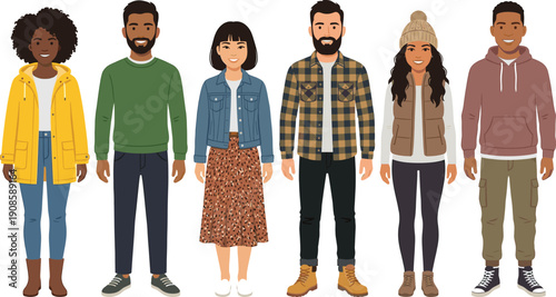 Diverse group of young people standing together in casual autumn fashion outfits, multicultural community friends flat vector illustration, isolated