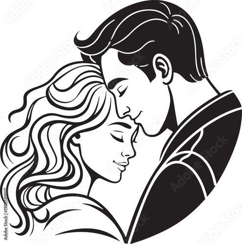 Romantic couple hugging silhouette vector expressing love intimacy and warmth minimalist black design perfect for Valentine wedding and branding projects