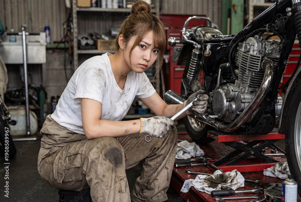 Obraz premium オートバイを修理する女性
