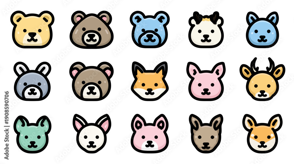 Obraz premium Adorable cartoon animal head icons set. Cute vector faces for children's designs, avatars, UI/UX, mascots, and playful graphics.