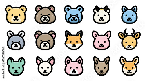 Adorable cartoon animal head icons set. Cute vector faces for children's designs, avatars, UI/UX, mascots, and playful graphics.