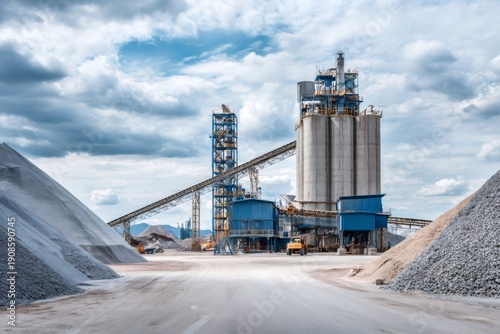 Heavy industry cement factory operating with piles of aggregate