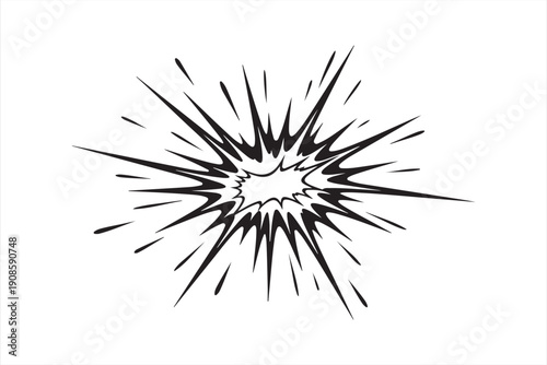 A stark black and white illustration of an explosion or radiating burst effect