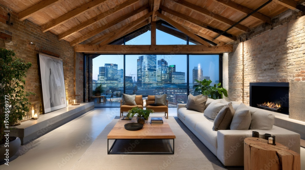 Fototapeta premium Modern industrial loft living room with london city view