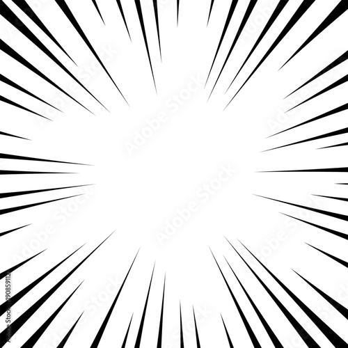 Comic speed lines burst background. Black and white radial super action explosion, dynamic manga anime motion rays frame, powerful zoom fast speed lines movement effect element. Vector illustration.