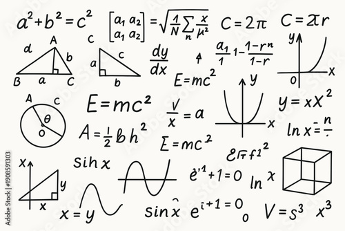 Hand drawn mathematics illustration with geometry shapes, algebra equations, physics formulas and graphs in black sketch style on light background.