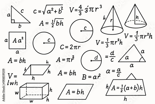 Hand drawn mathematics formulas and geometric shapes including triangle, circle, cone and cube with area and volume equations in black sketch style.