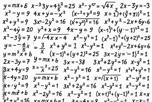 Algebra equations and mathematical formulas background with linear functions and analytic expressions. Educational math illustration for STEM learning, science research and academic design.