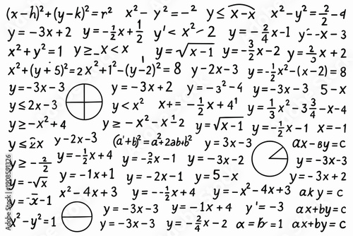 Mathematical equations and algebra formulas background with graphs, geometric shapes and analytic expressions. Educational math illustration for science, study and academic design use.