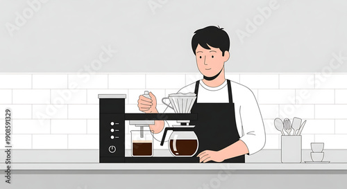 A man in an apron is making coffee with a coffee maker on a kitchen countertop with white brick wall background
