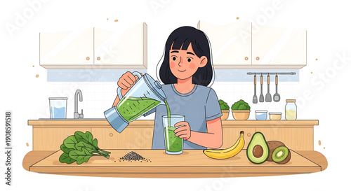 Woman making a healthy green smoothie with spinach, banana, and avocado in a modern kitchen