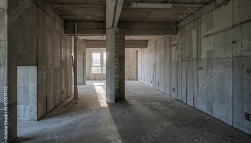 Construction Site Shows Empty Interior With Concrete Walls and Natural Light