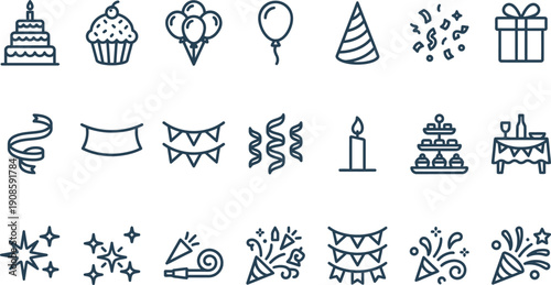 Detailed vector line art celebration icons set for festive party invitations, holiday events, and joyous occasion designs