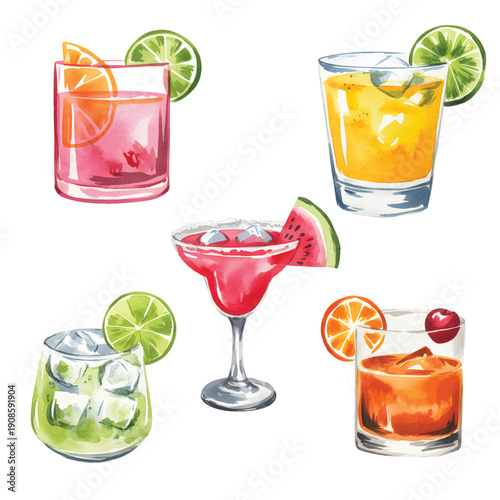 Colorful summer drinks set with lime, orange and watermelon accents illustrated in natural watercolor.