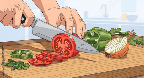 Hands cutting fresh vegetables on a wooden cutting board in kitchen with knife
