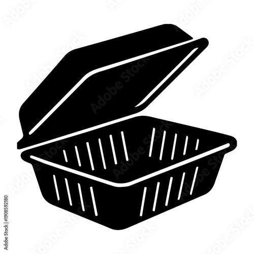Clamshell Takeout Food Container Icon Black Silhouette - A clean, bold black silhouette of an open clamshell-style takeout food container. This minimalist vector-style illustration represents food del