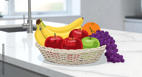 Fresh fruit basket on a kitchen counter with apples, bananas, grapes, and orange