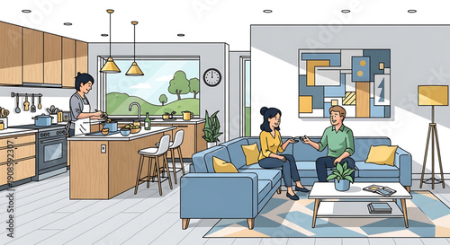 Couple sitting on a blue couch in a modern living room with kitchen in the background