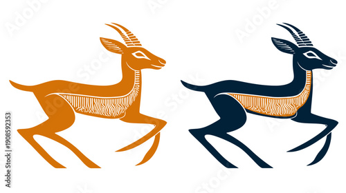 Two stylized gazelle illustrations in contrasting orange and dark blue, depicting running antelopes, isolated graphic design element.