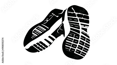 Athletic running shoe soles graphic illustration. Black and white vector of footwear tread patterns for sport, fitness, and walking.
