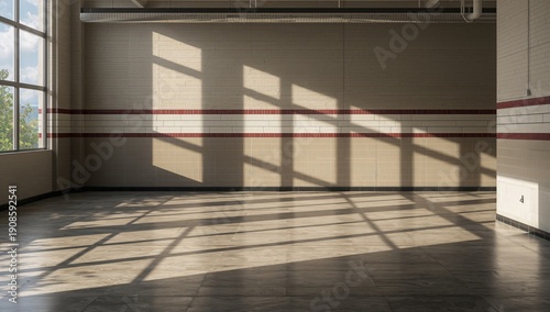 Bright Sunlight Creates Shadows on the Floor of a Spacious Room in the Late Afternoon